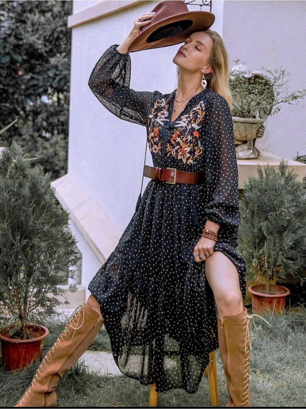 Boho Embroidered Black Floral Maxi Dress